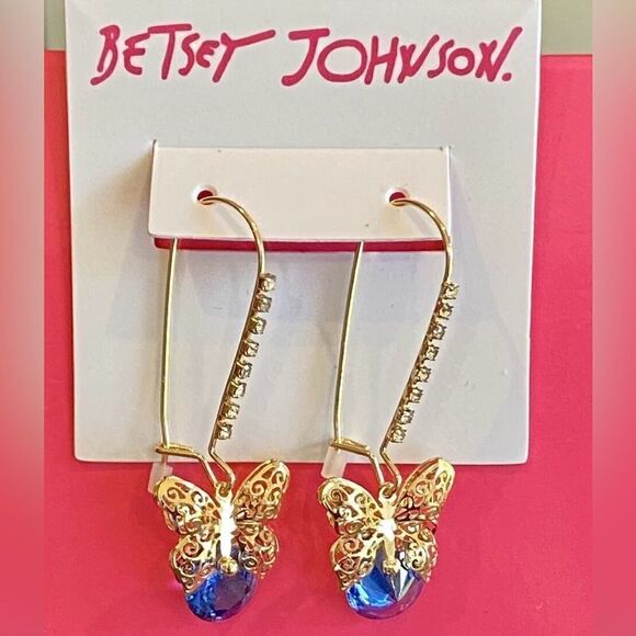 Betsey Johnson Blue Crystal Butterfly Drop Earrings – Sparkling Statement NWT - Picture 5 of 5